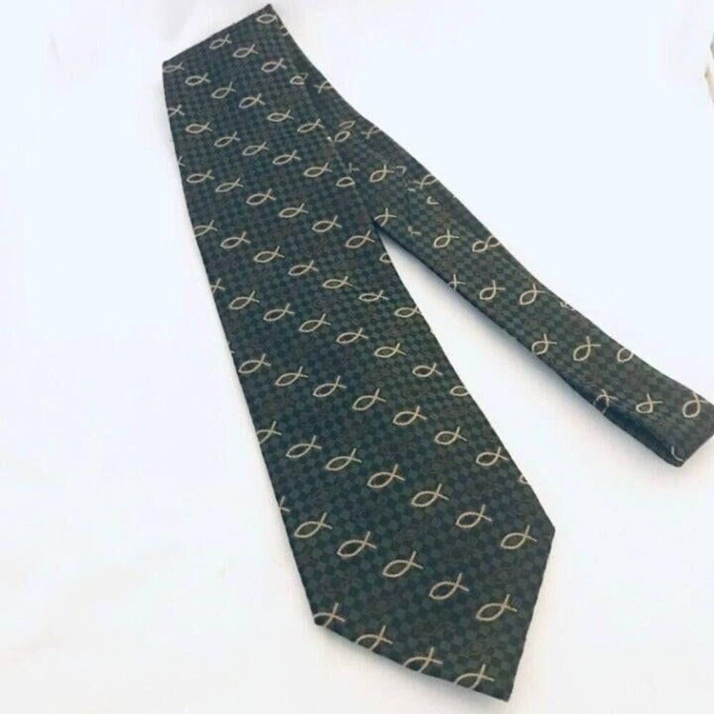 #1594 VTG DIVINITY POLYESTER GREEN NECKTIE WITH FISH CHRISTIAN 57 IN X 4 IN